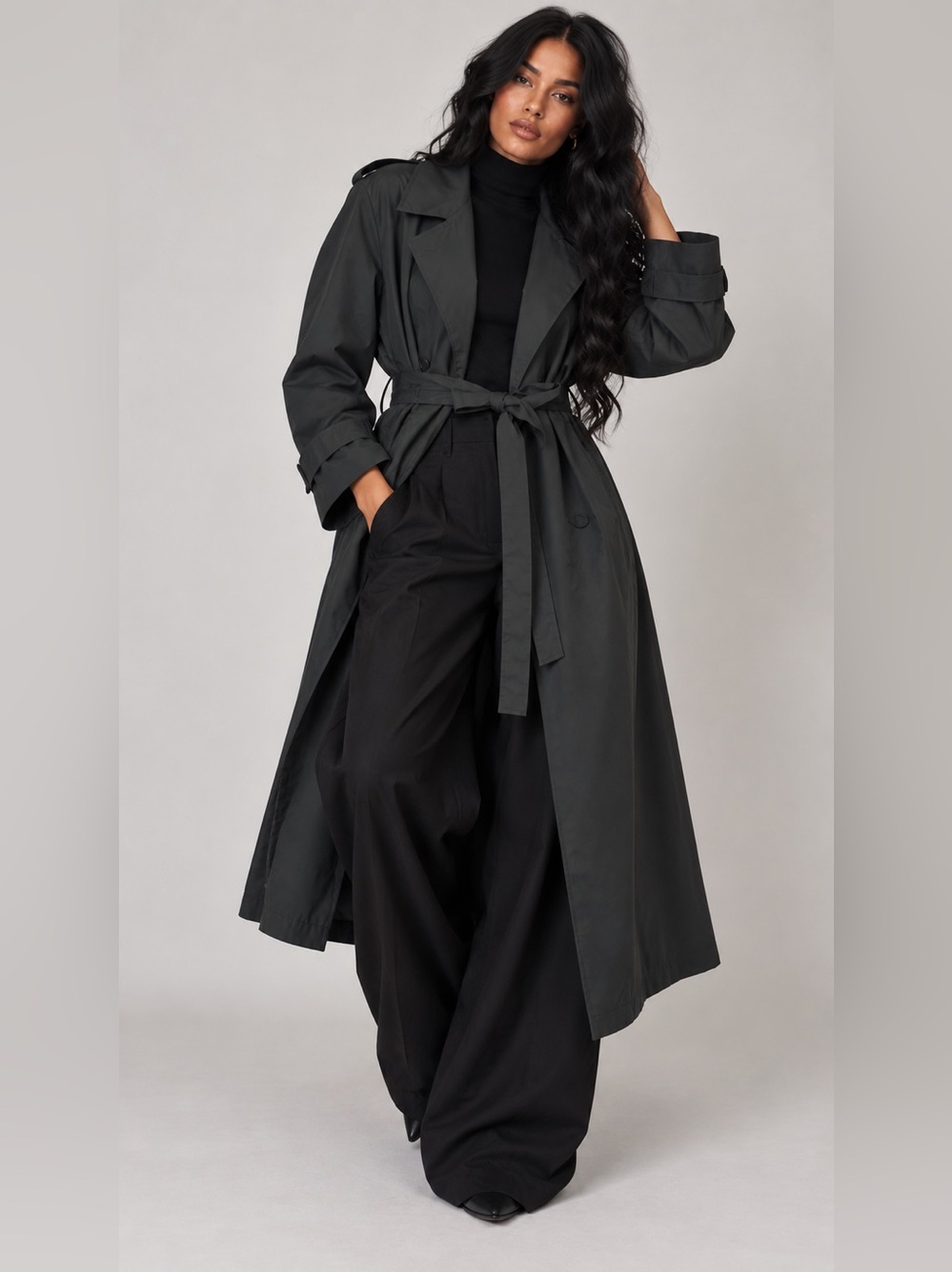 Uniqlo Dark Academia Olive Green Trench Coat Double Breasted with Tie Waist Sz M